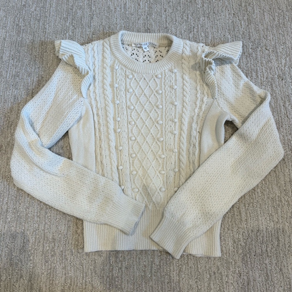 Veronica Beard Cream Cable Knit Crew Neck Sweater